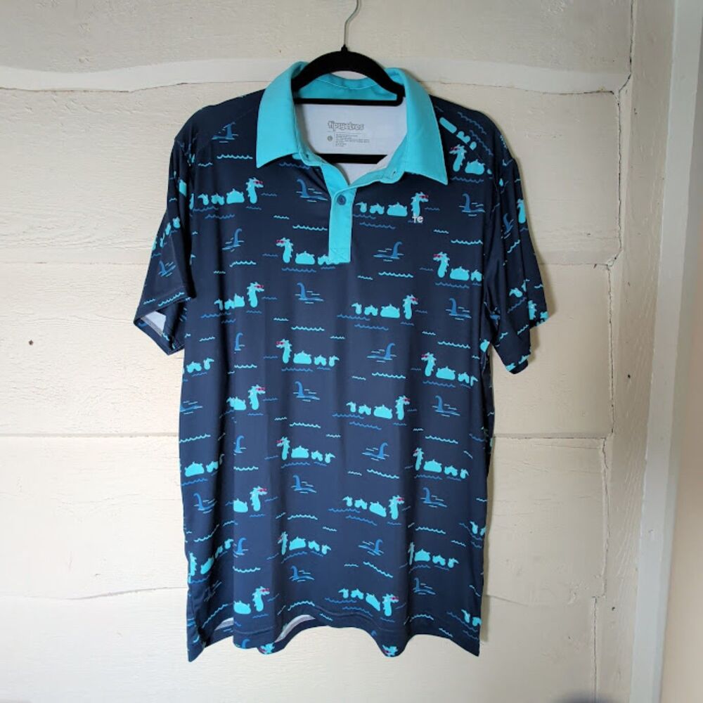 Tipsy Elves Men's Large Polo Shirt Loch Ness Monster Nessie Golf Blue Novelty